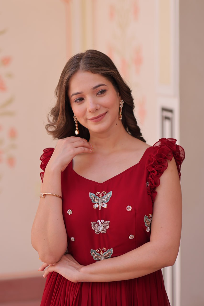 Women's Elegant Plum Purple Georgette Anarkali Gown with Butterfly Applique & Ruffle Sleeves β Festive & Special Occasion Wear - Image 11