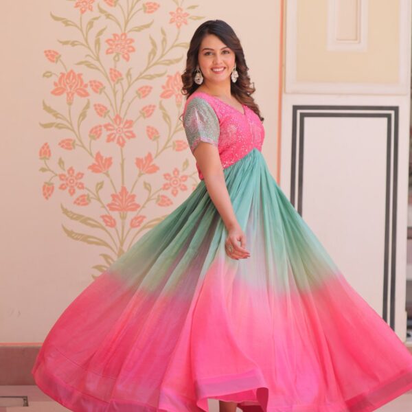 Women's Cotton Ombre Anarkali Gown Dress with Sequin Embroidered Net Sleeves