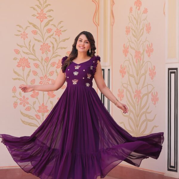 Women's Cotton Embroidered Flared Long Gown With Ruffle Sleeves